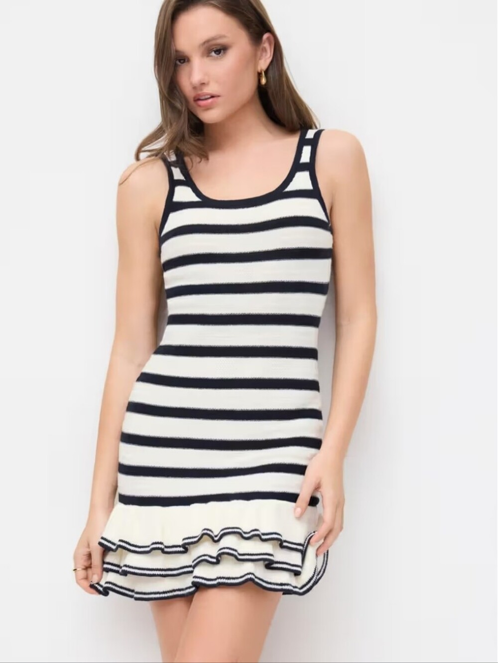 Cider Navy & White Striped Knit Ruffle-Hem Mini Dress